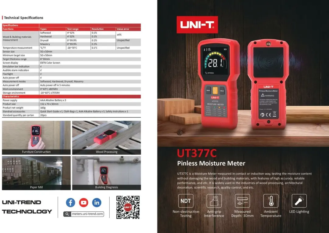 UNI-T UT377C Pinloze Vochtmeter - Hout/Bouwmaterialen Rood