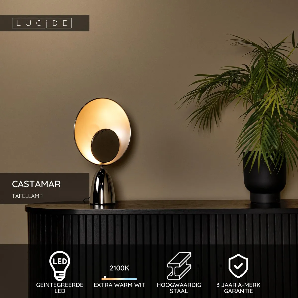 Lucide Castamar Tafellamp Ø25,5cm - 8W LED 2100K - Chroom