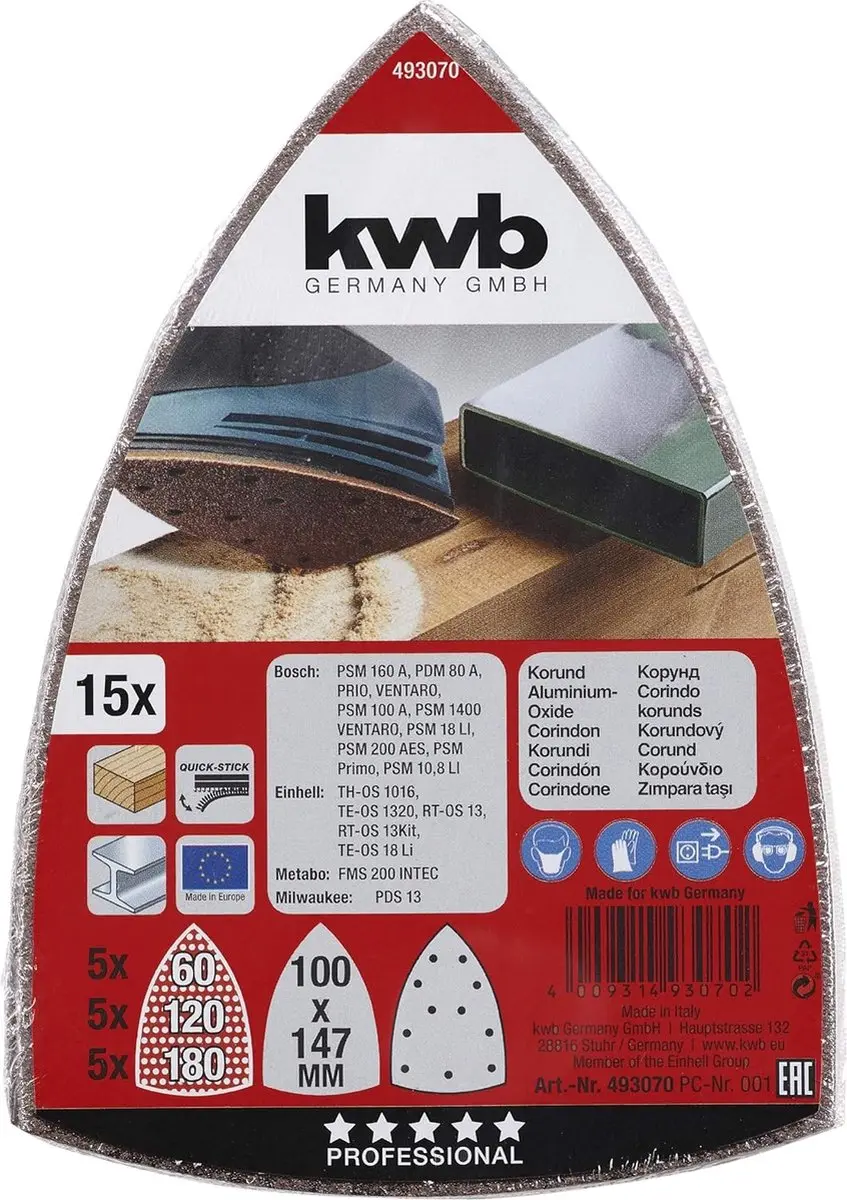 KWB Schuurdriehoek voor Delta/Multischuurmachines - 15 Stuks - Korrel 60/120/180