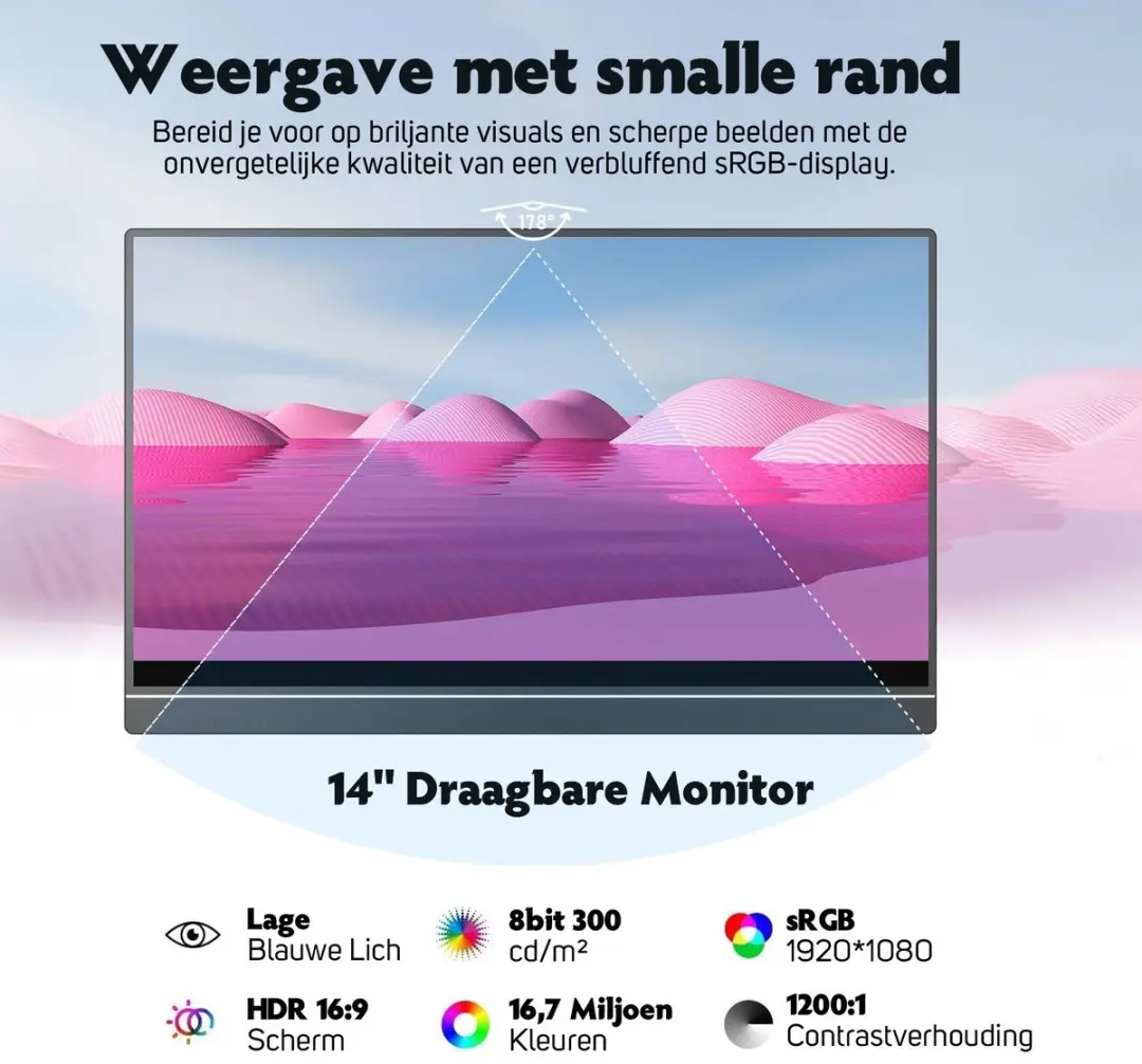 Pora&Co Draagbare Game Monitor 14 Inch - Full HD - HDMI & USB-C