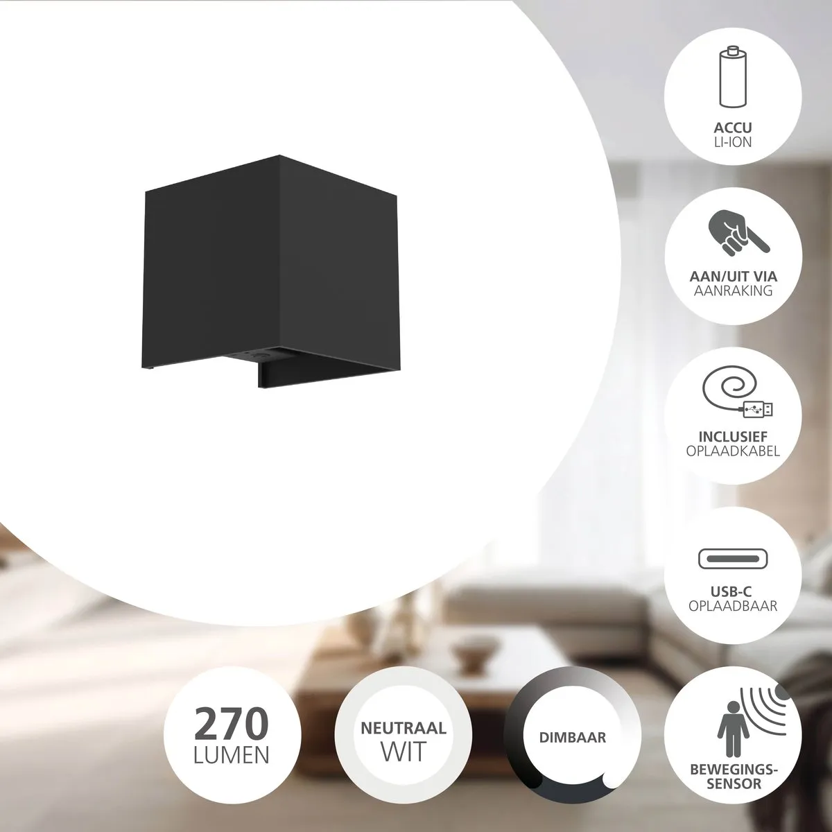 Eglo Rincine Wandlamp Sensor Oplaadbaar 72u - Zwart