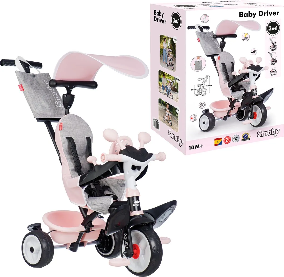 Smoby Baby Driver Driewieler 3-in-1 - Roze/Grijs/Zwart
