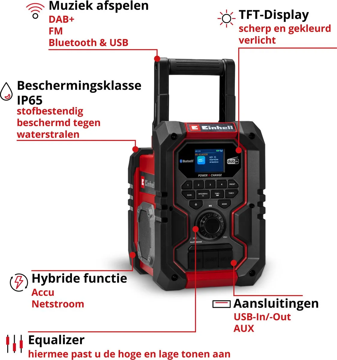 Einhell TE-CR 18 Li DAB+/FM/BT Solo Accu Radio - 2x10W - Rood/Zwart