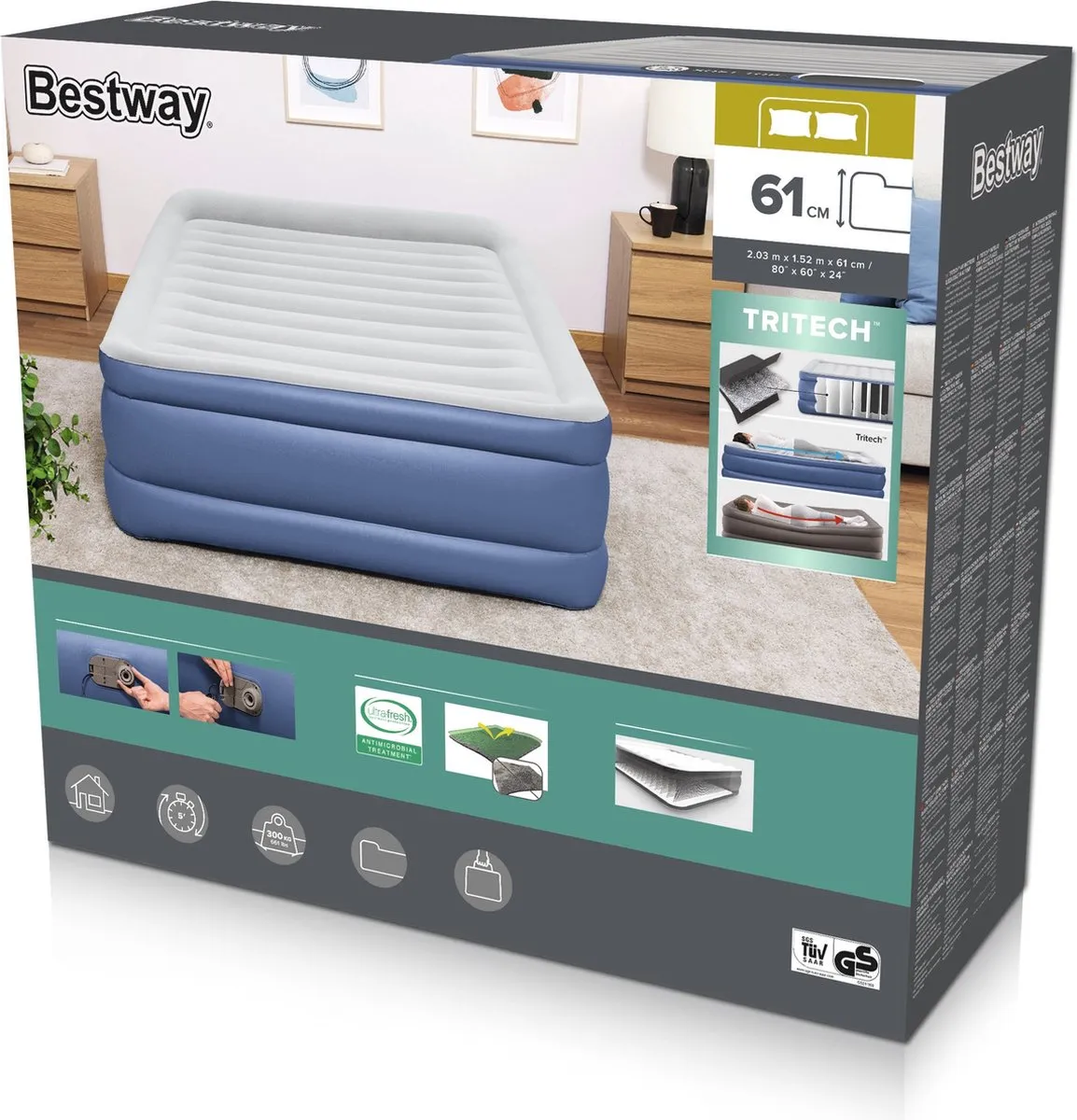 Bestway Tritech Premium Luchtbed Queensize 152cm - Grijs/blauw