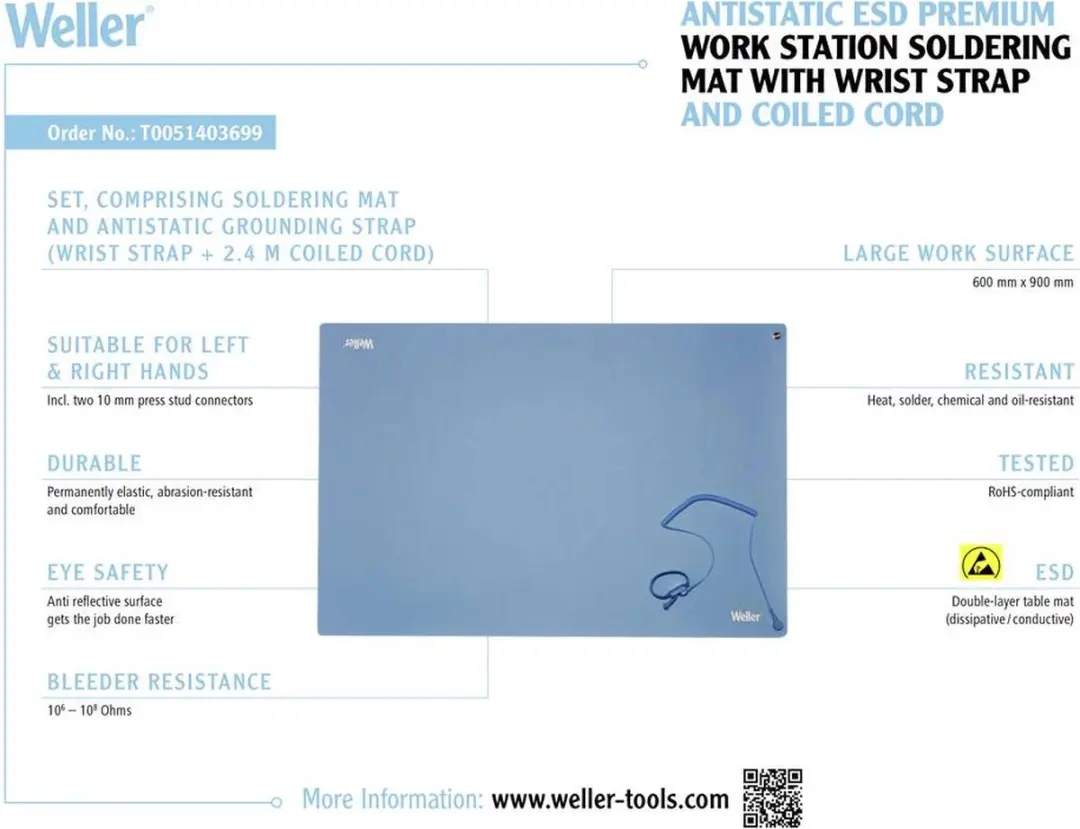 Weller T0051403699 Antistatische ESD Soldeermat - 900x600mm Blauw - met polsband - afbeelding 6 van 6