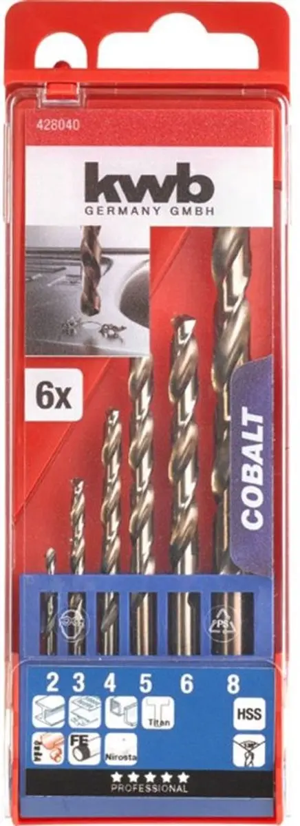 KWB HSS-Co Metaal Spiraalboorset 6-delig 2-8mm M35 DIN 338