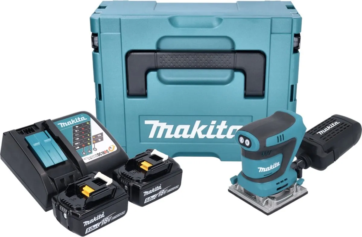 Makita DBO 484 RTJ Accu-Excentrische Schuurmachine 18V - 2x 5,0Ah + Oplader