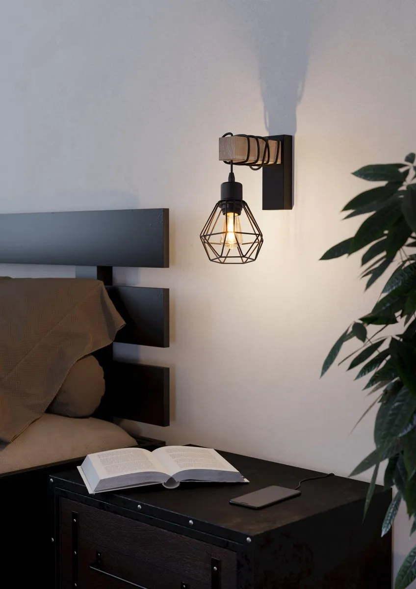 Eglo Townshend 5 Wandlamp E27 - 27,5 cm - Zwart/Bruin - afbeelding 6 van 6
