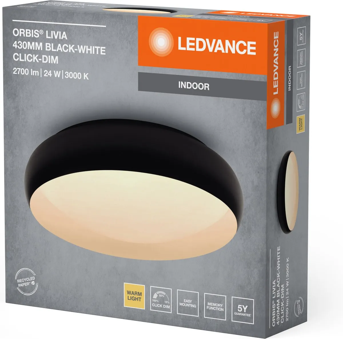 LEDVANCE Orbis Livia Plafondlamp 24W 1500lm - Zwart-wit 430mm