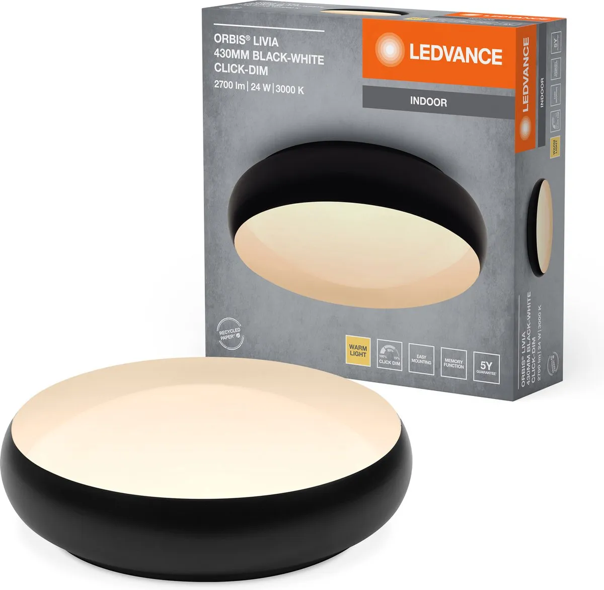 LEDVANCE Orbis Livia Plafondlamp 24W 1500lm - Zwart-wit 430mm