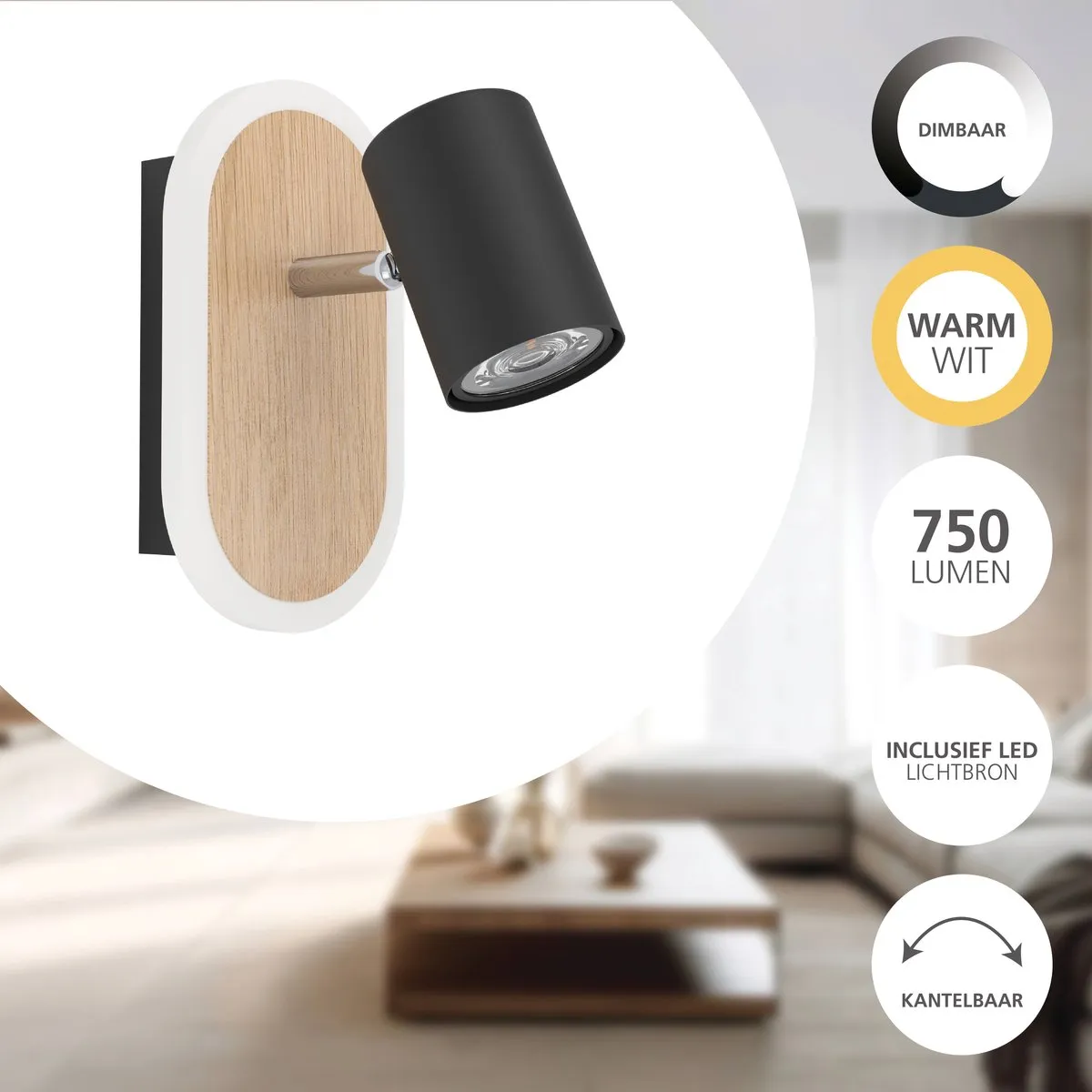 Eglo Rimbocchi Spot LED 18cm - Zwart/Bruin - Dimbaar