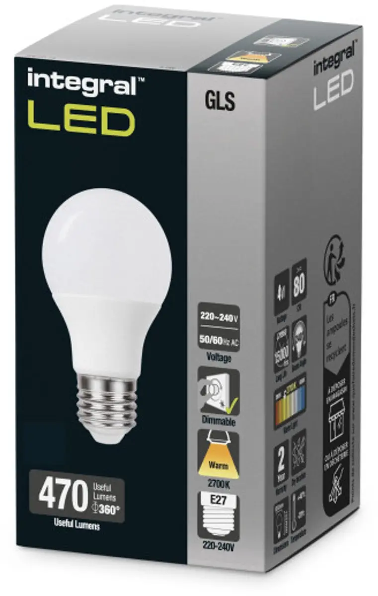 Integral E27 LED A60 4W 470lm Warm Wit Dimbare - 5 Stuks