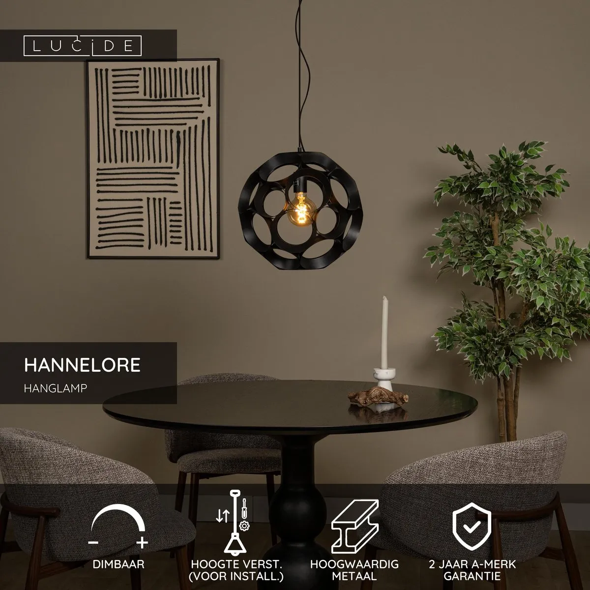 Lucide HANNELORE Hanglamp Ø40cm - 1xE27 - Zwart