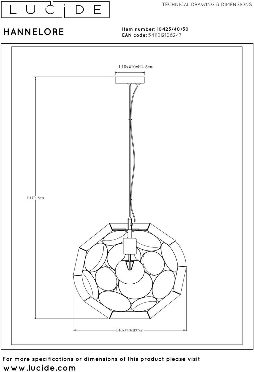 Lucide HANNELORE Hanglamp Ø40cm - 1xE27 - Zwart