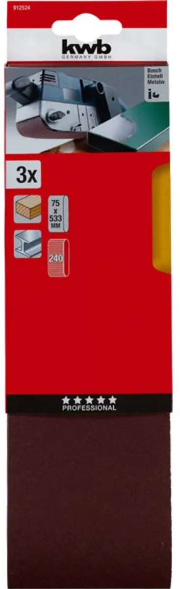 KWB Schuurbandset 912524 - 3 Stuks - 240 Korrel - 533x75mm