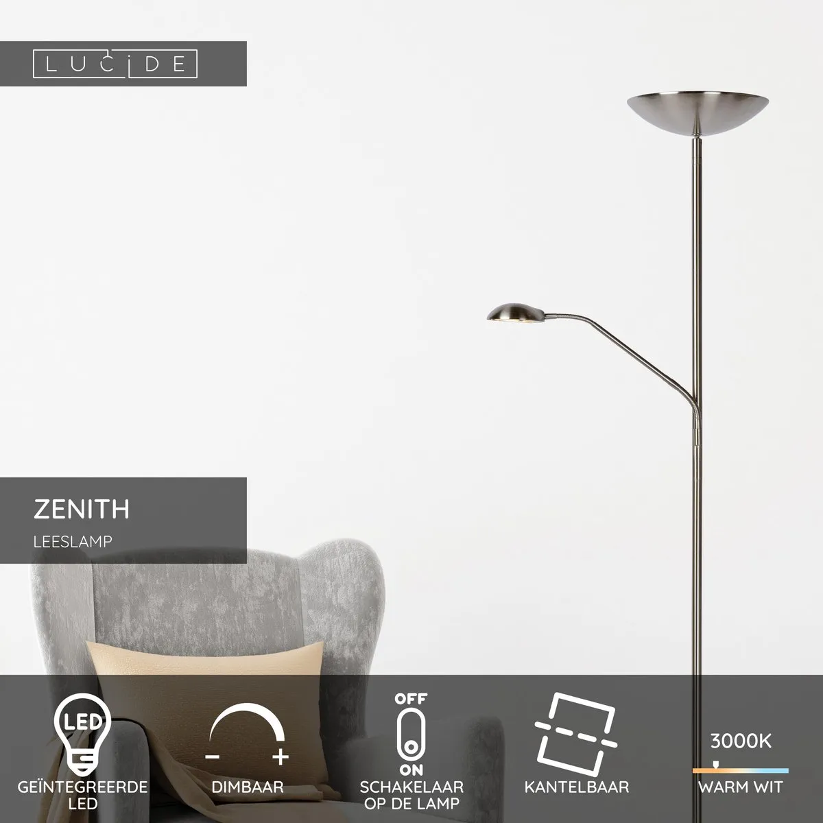 Lucide Zenith LED Leeslamp 3000K - Mat chroom