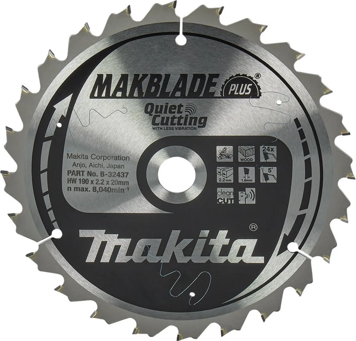 Makita Afkortzaagblad voor Hout | Makblade-Plus | Ø 190mm Asgat 20mm 24T - B-32437