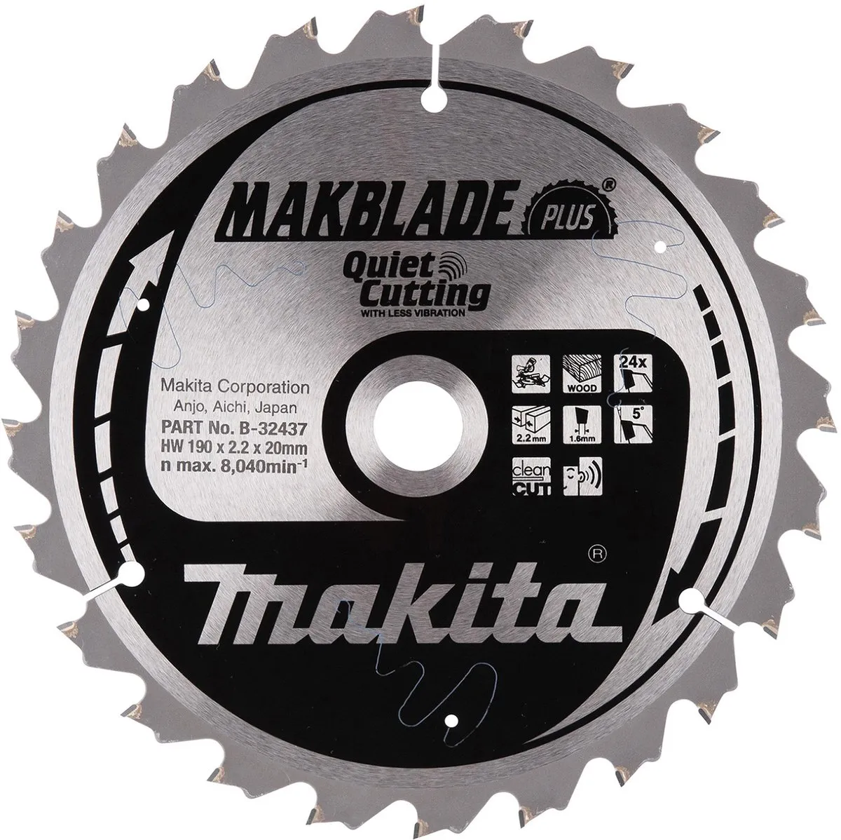 Makita Afkortzaagblad voor Hout | Makblade-Plus | Ø 190mm Asgat 20mm 24T - B-32437