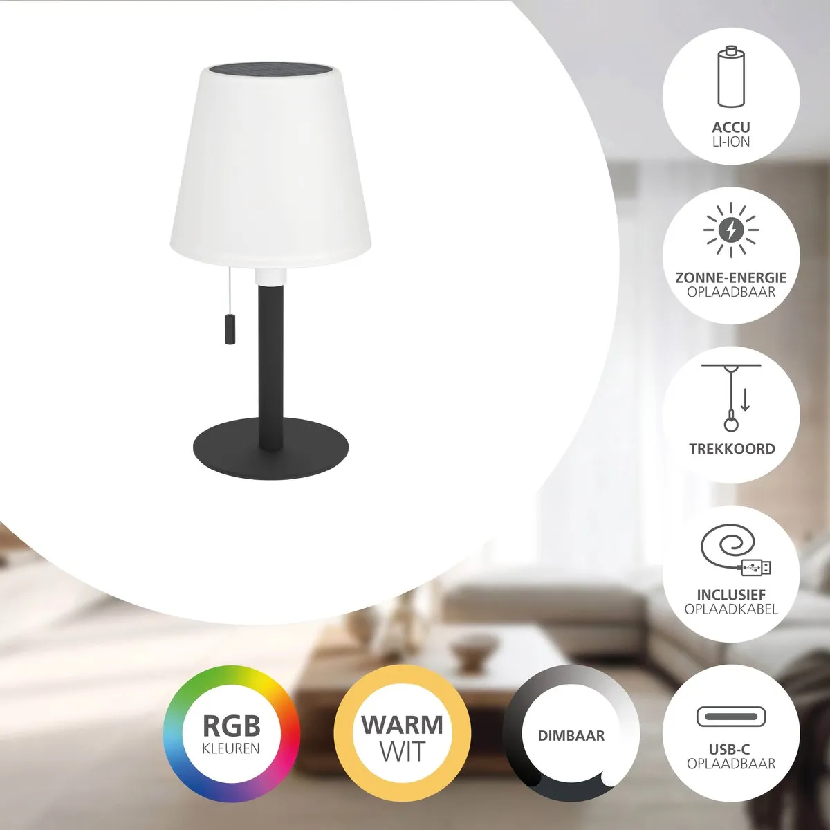 Eglo Montapalma Oplaadbare Tafellamp - 60 uur - Zwart/Wit - RGB & Warm Wit