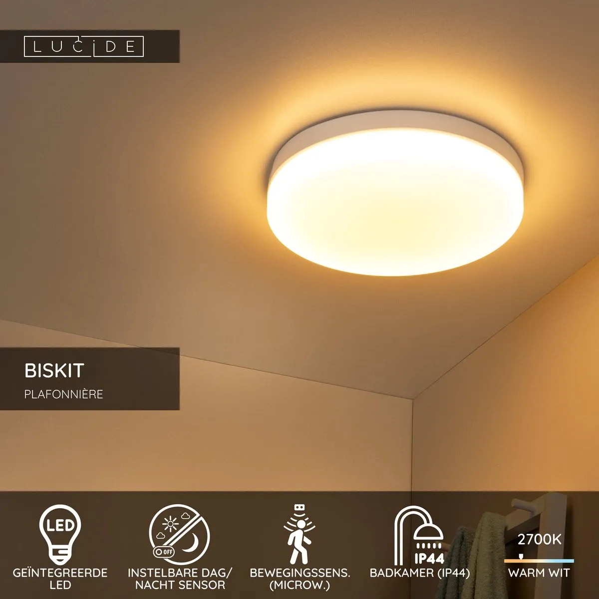 Lucide BISKIT Plafondlamp Badkamer Ø40cm LED 36W 2700K IP44 - Wit