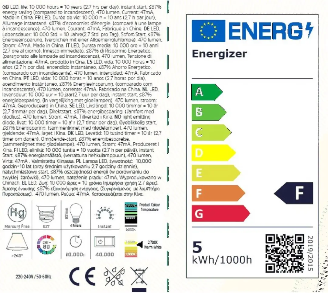 Energizer E27 LED Kogellamp 2,9W Warmwit Dimbaar - Mat