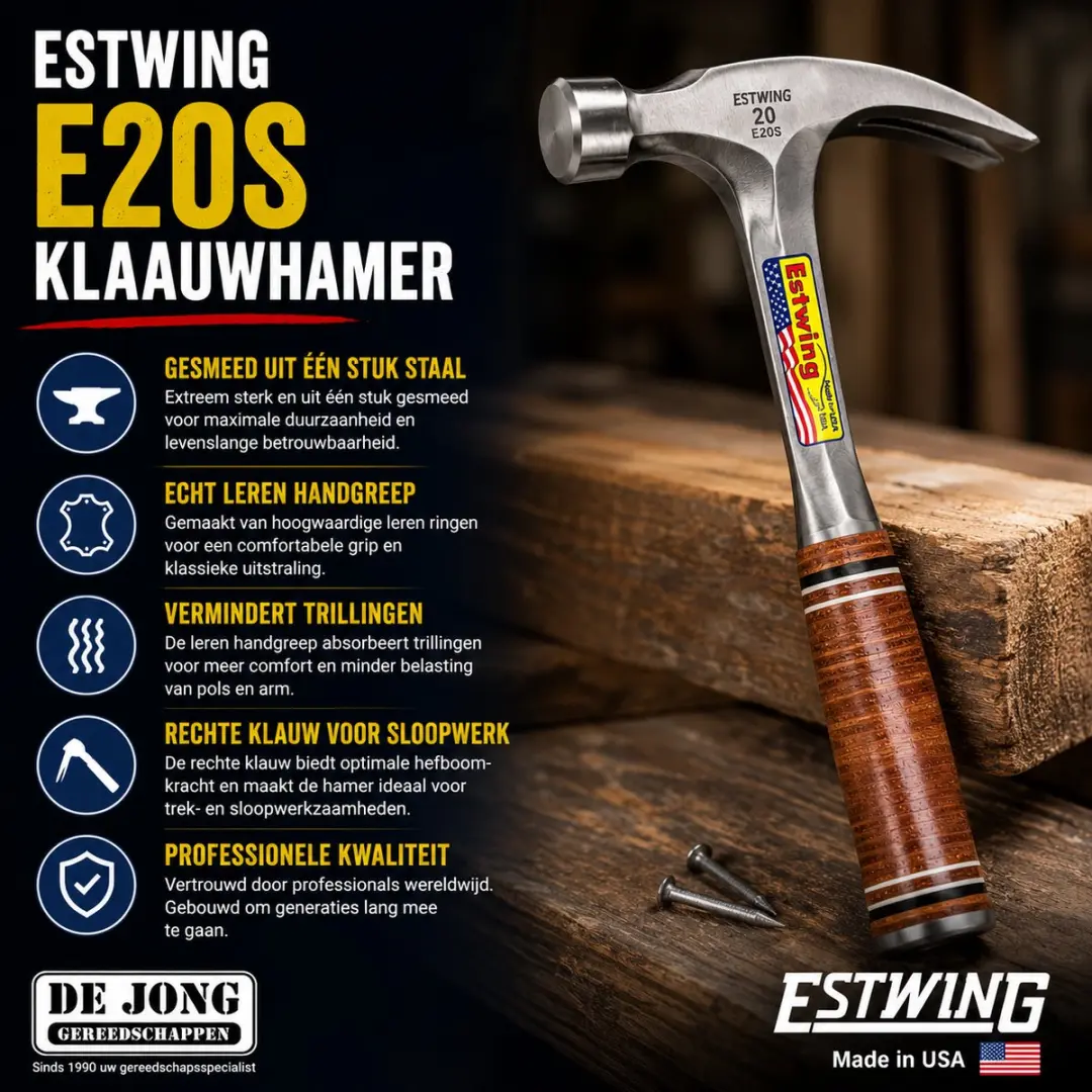 Estwing E20S Rechte Klauwhamer 800g - Leren Handgreep - afbeelding 6 van 6