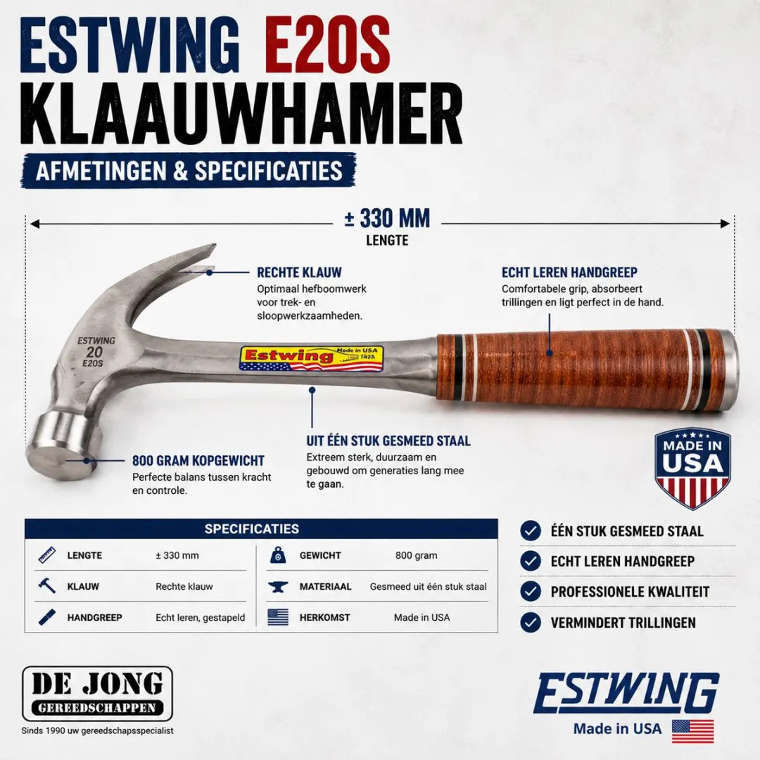 Estwing E20S Rechte Klauwhamer 800g - Leren Handgreep