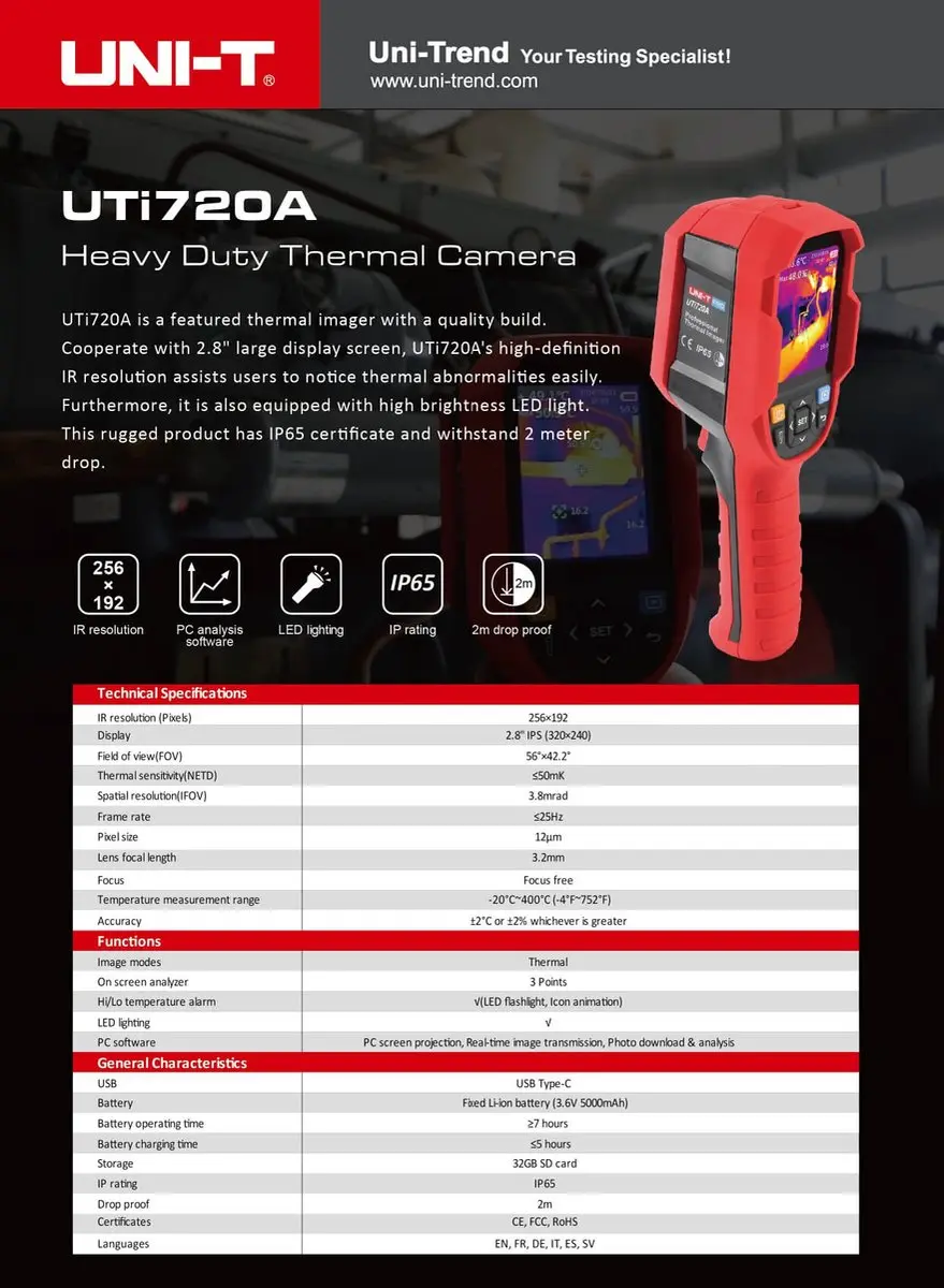 UNI-T UTi720A Warmtebeeldcamera 256x192 - 25Hz - Rood