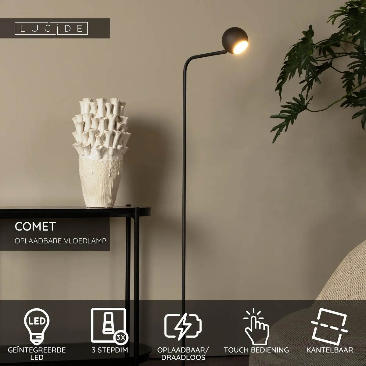 Lucide Comet Oplaadbare Vloerlamp 3W 2700K - Zwart