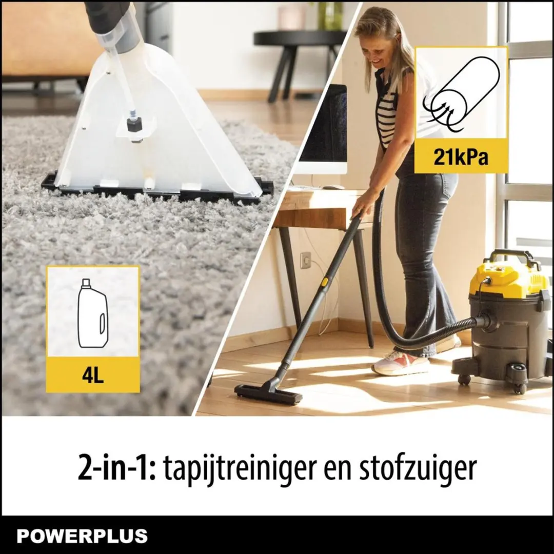Powerplus POWX3265 Stofzuiger Tapijtreiniger Nat-Droog 1600W 20L - Geel