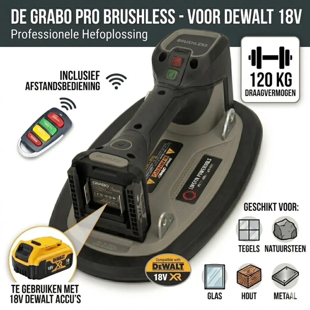 Grabo Pro Brushless Glaszuiger 120kg - 30cm - Zwart/Grijs