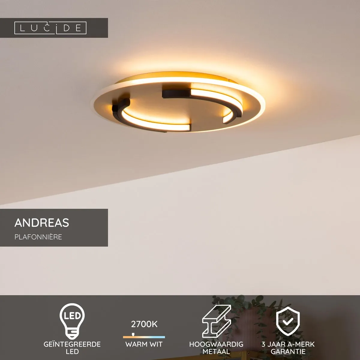 Lucide ANDREAS Plafondlamp Ø39,6cm - Mat Goud/Messing