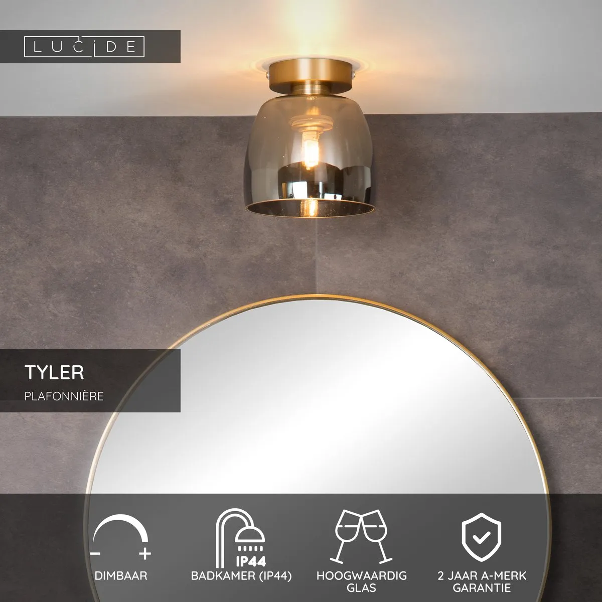 Lucide TYLER Plafonnière Badkamer Ø16cm - Mat Goud/Messing
