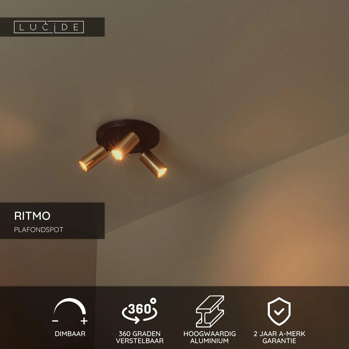 Lucide Ritmo Plafondspot Ø18cm - 3xGU10 Mat Goud/Messing