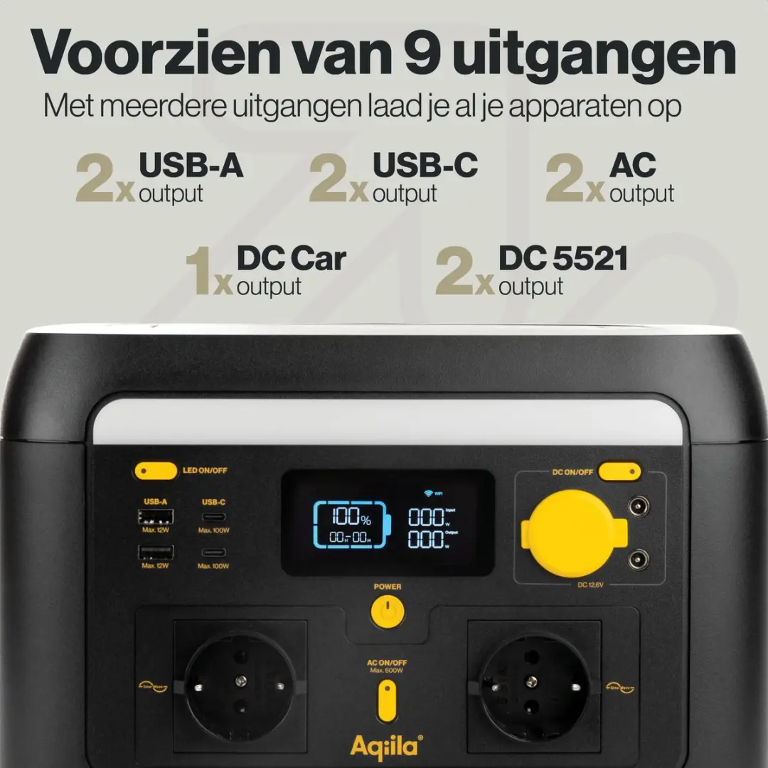 Aqiila Portable Powerstation 600W 512Wh - 9 Uitgangen - LiFePO4
