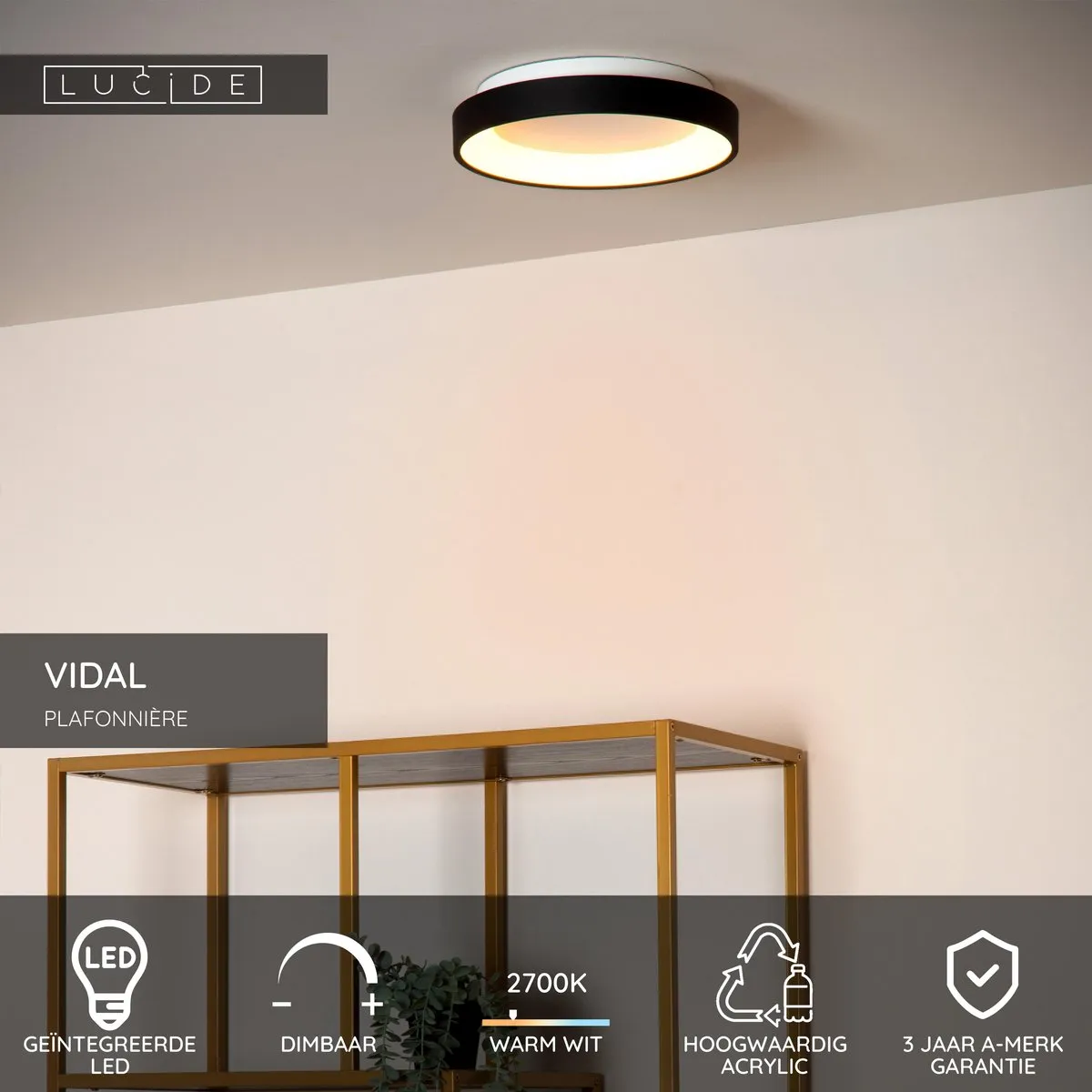 Lucide VIDAL Plafondlamp Ø28cm LED 20W 2700K - Zwart