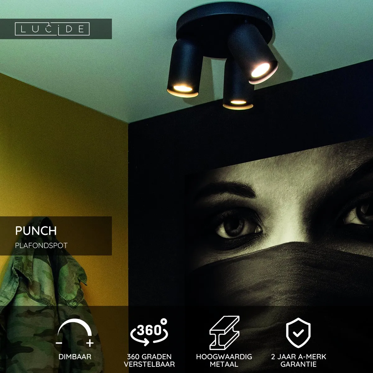 Lucide PUNCH Plafondspot Ø21cm 3xGU10 - Zwart