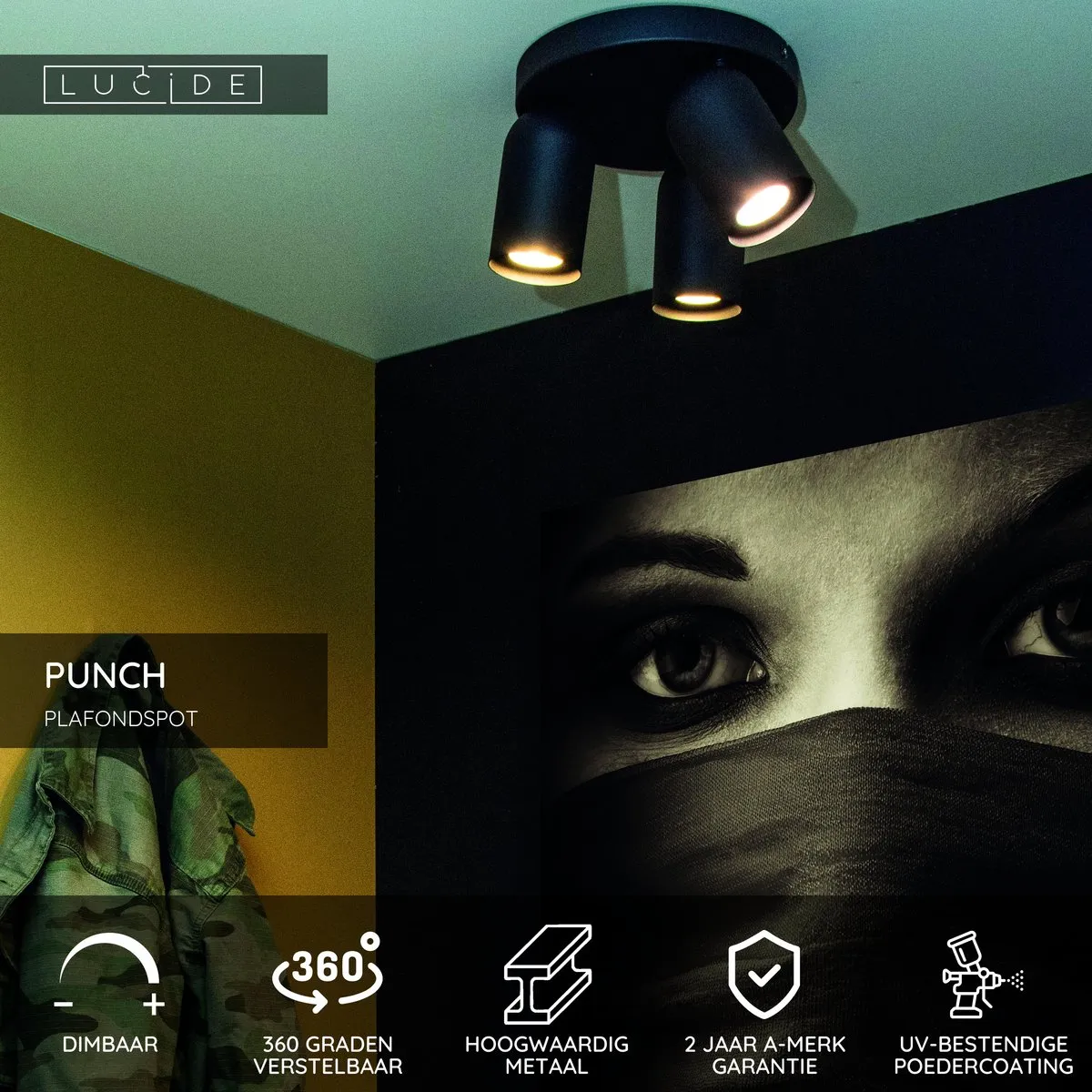 Lucide PUNCH Plafondspot Ø21cm 3xGU10 - Zwart