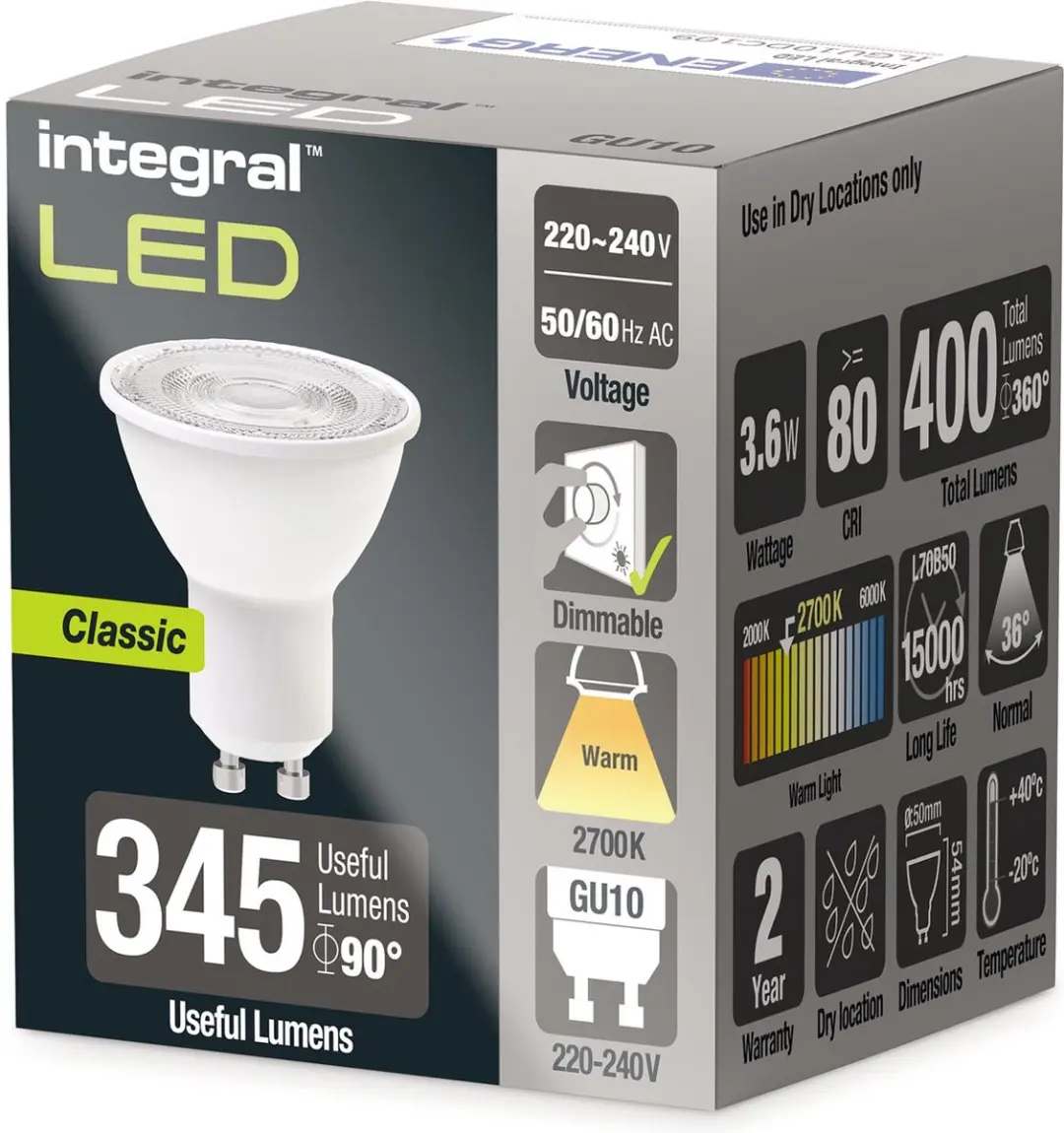 Integral GU10 LED Spot 3,6W 2700K 400lm - Helder