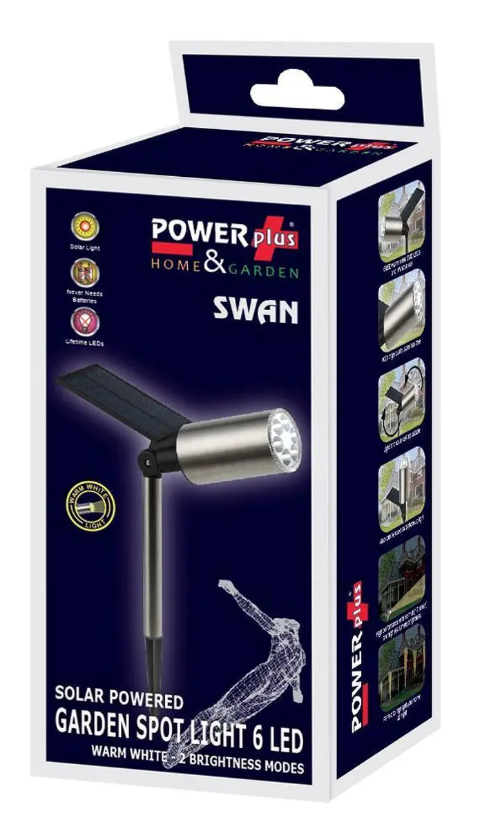 Powerplus Swan Solar Tuinspot 6 LED - 20cm - Warmwit 2300K - RVS - afbeelding 6 van 6
