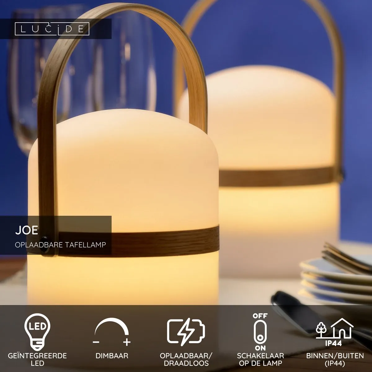 Lucide JOE Oplaadbare Tafellamp - 1x3W 3000K - Ø14,5cm - Wit