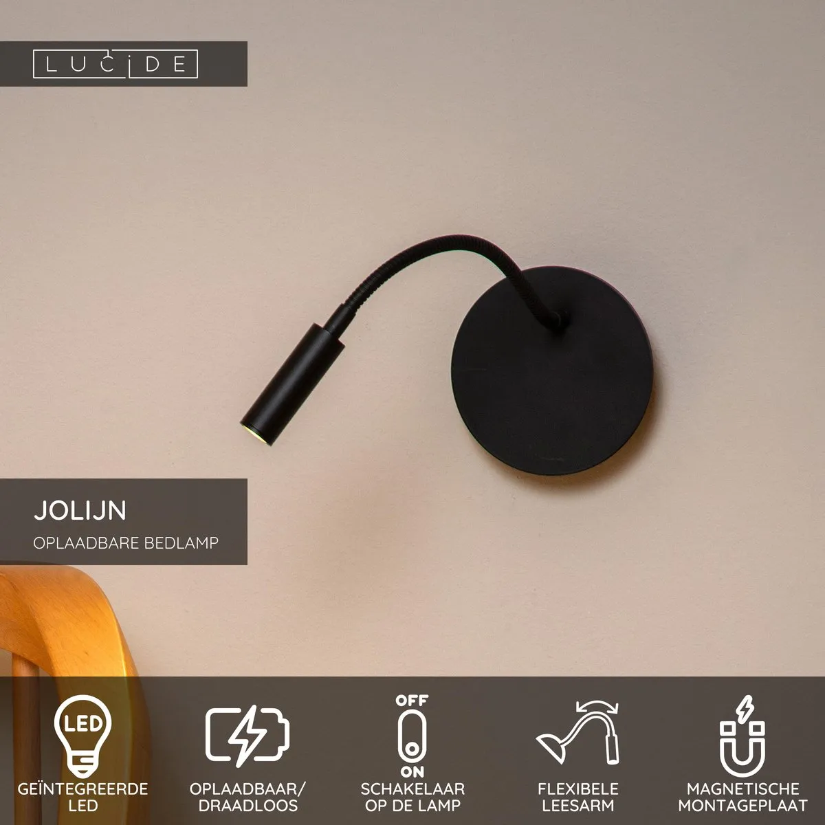 Lucide JOLIJN Oplaadbare Bedlamp - Ø11cm LED 3000K Magnetisch - Zwart