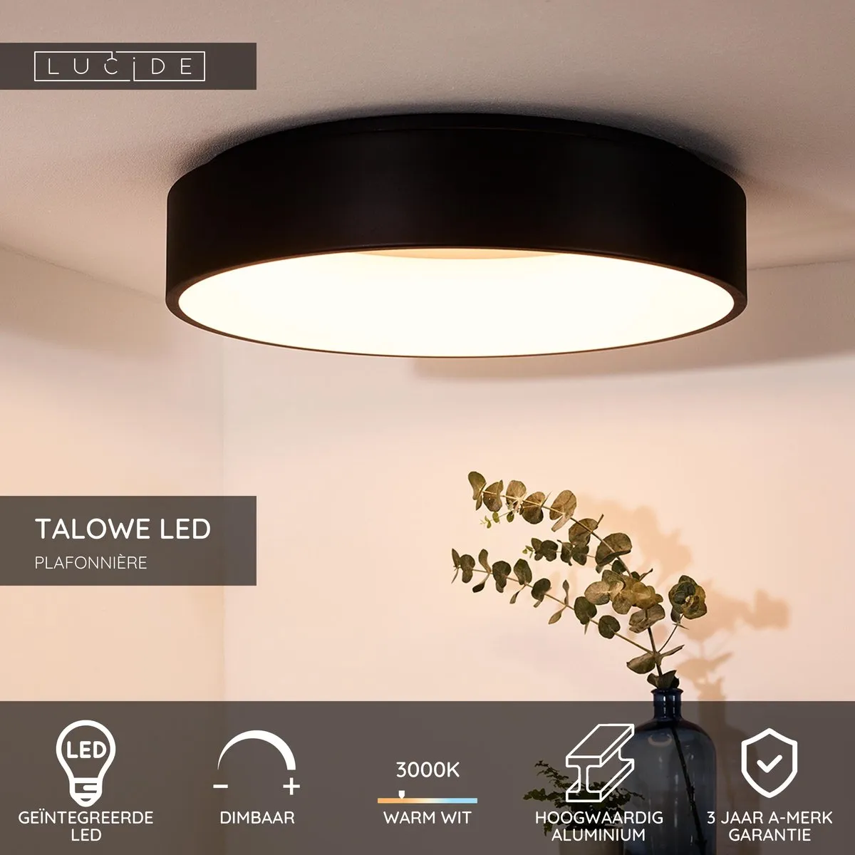Lucide Talowe LED Plafondlamp Ø60cm - 42W 3000K - Zwart