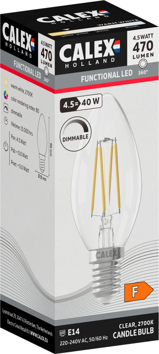 Calex E14 LED Kaarslamp 4,5W Warmwit Dimbaar - Helder