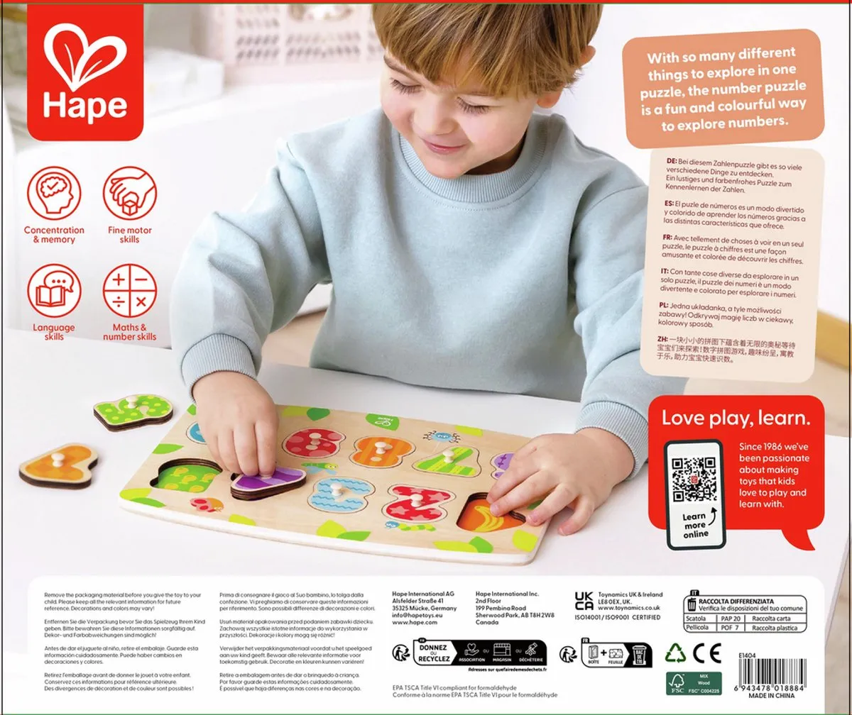 Hape Getallenpuzzel 11-delig - Veelkleurig