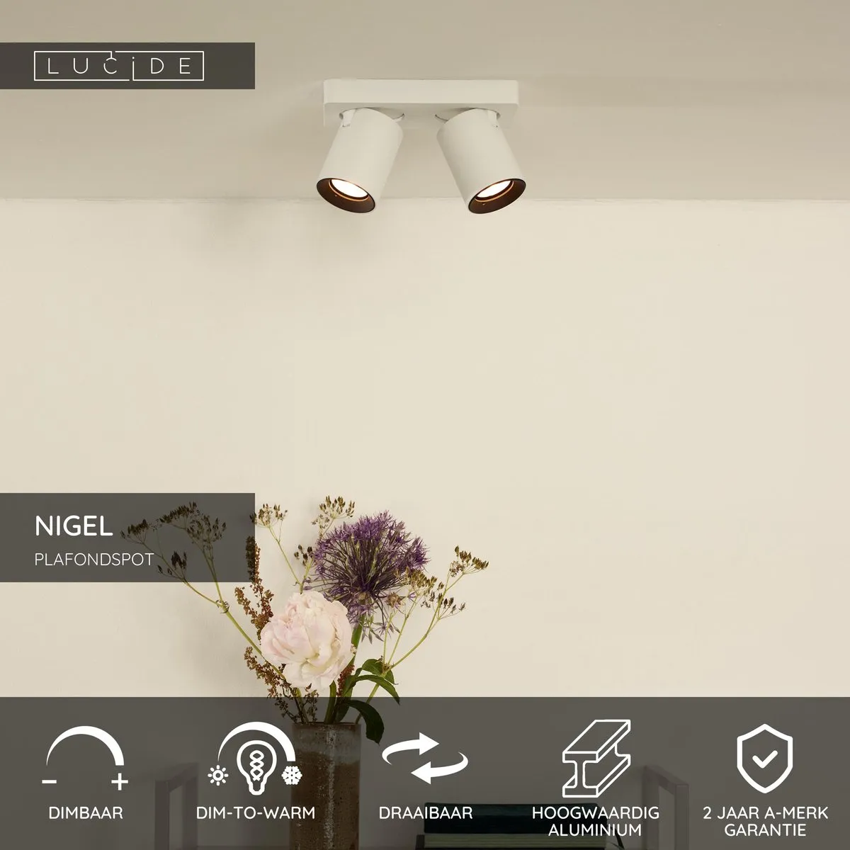 Lucide Nigel Plafondspot LED Dim to Warm 2x5W - Wit