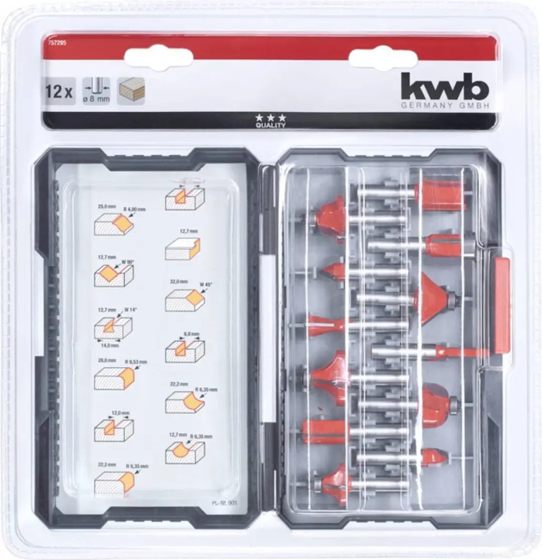 KWB 757295 Bovenfreesset Hardmetaal - 12-delig - Ø8mm