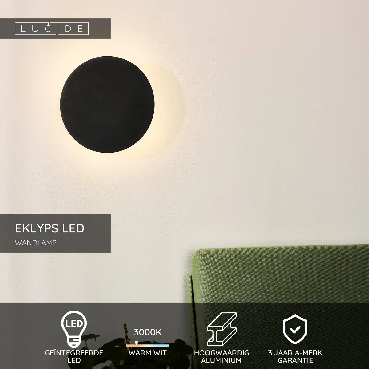 Lucide EKLYPS LED Wandlamp Ø25cm 9W 3000K - Zwart