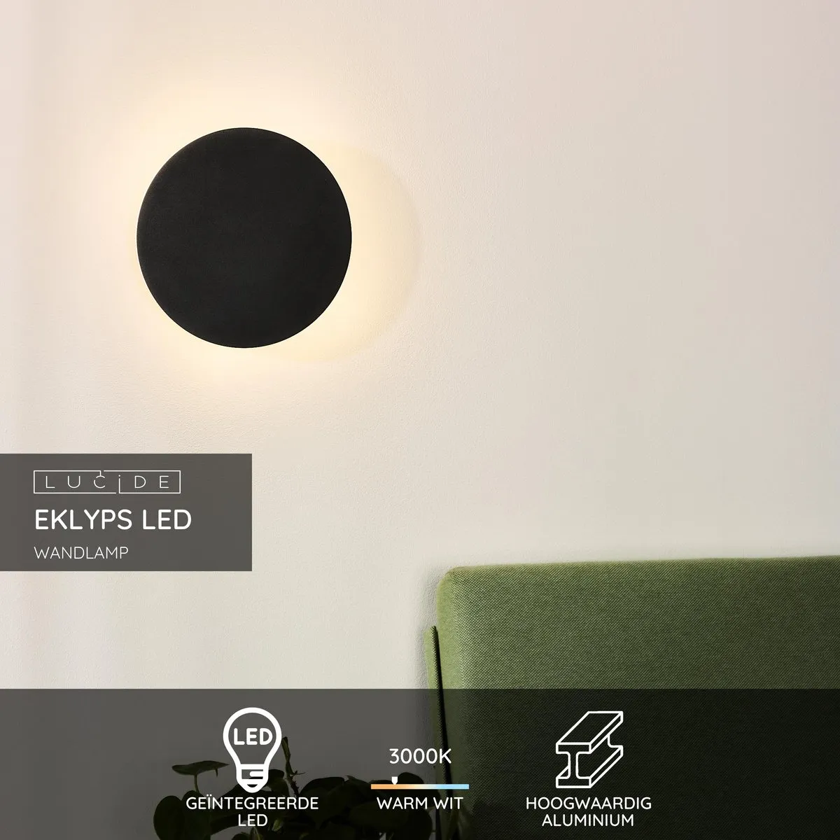 Lucide EKLYPS LED Wandlamp Ø25cm 9W 3000K - Zwart
