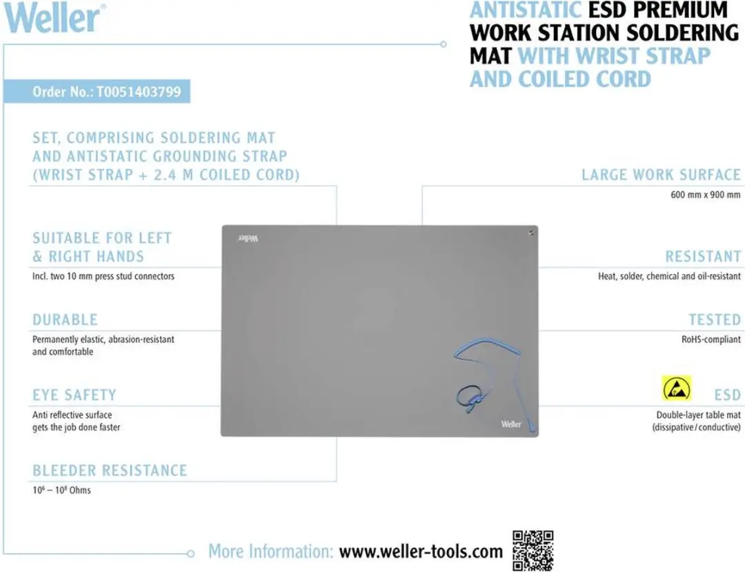 Weller T0051403799 Antistatische ESD Soldeermat - 900x600mm - Grijs